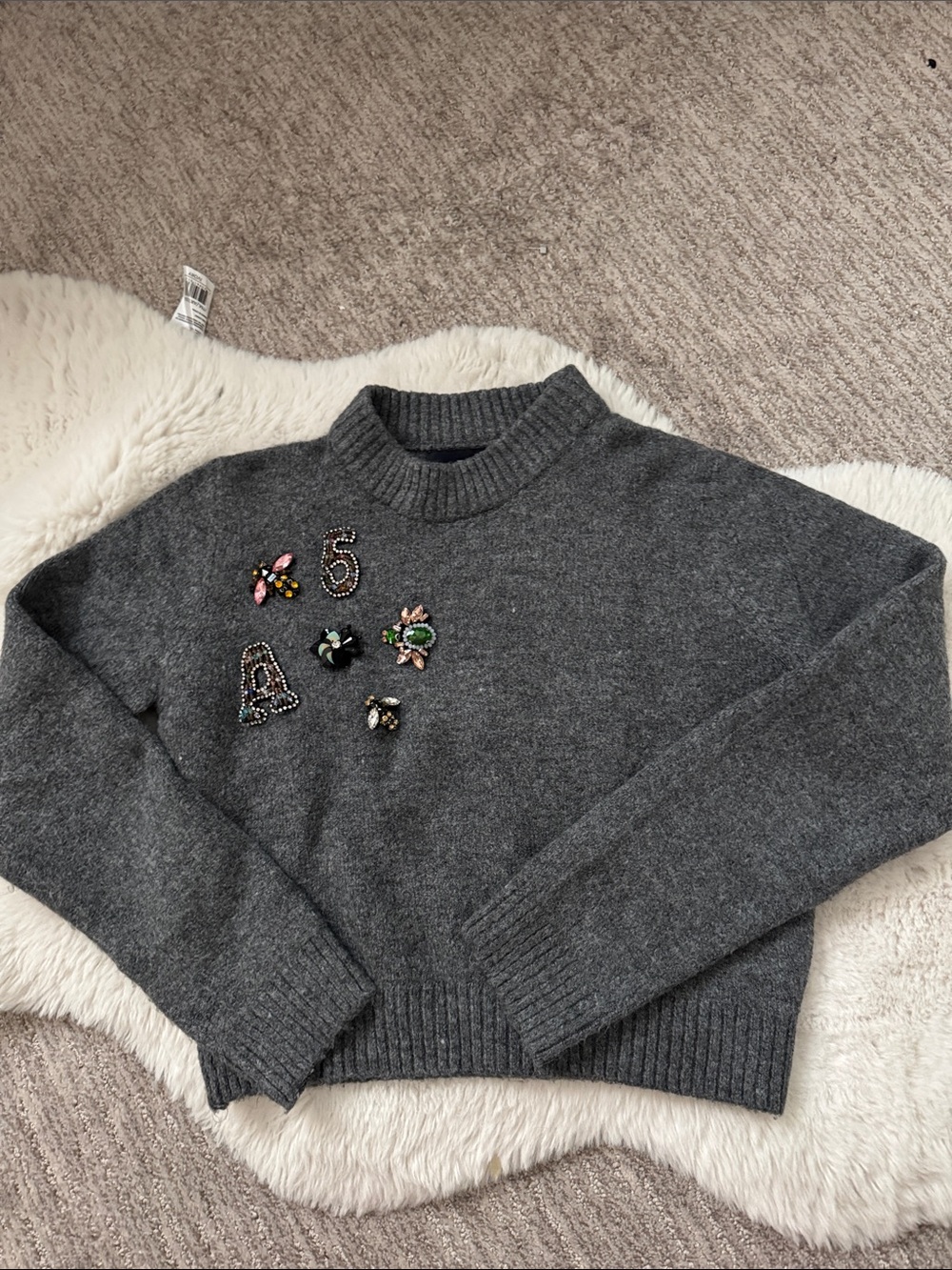 Zara Dark Gray Beaded Crewneck Sweater